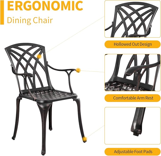 Outdoor Patio Chairs Set of 2, Cast Aluminum Biistro Dining Chairs Set of 2 with Armrest, Metal Patio Dining Chair for Garden Deck Backyard, Bronze