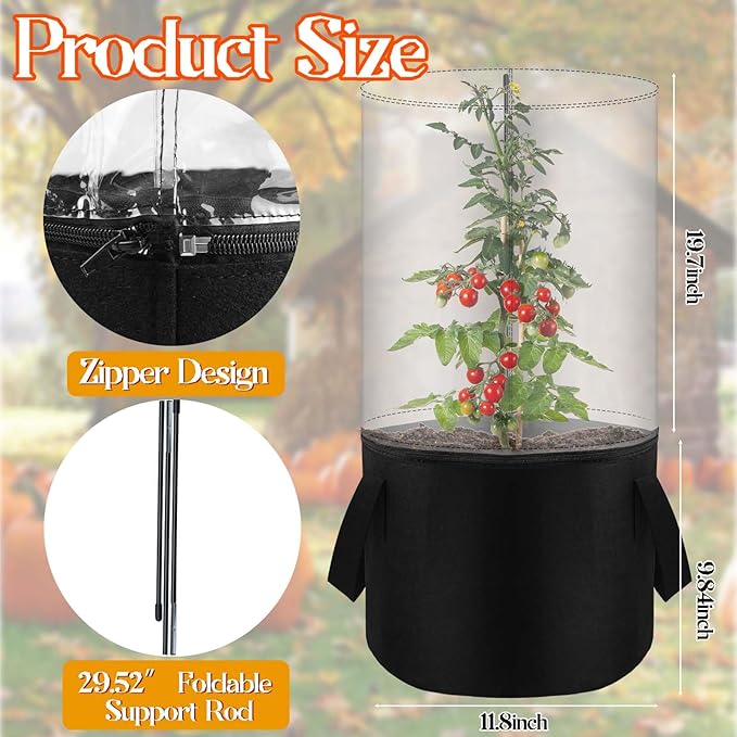 2PCS Mini Plant Greenhouse with Felt Planting Bag Round Planter Winter Garden Pot Covers Transparent Plant Frost Protection Cover with Support Rod for Outdoor Plants or Seedlings, 29.5" X 11.8"