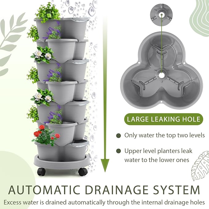 Umigy 2 Set of 7 Tier Stackable Vertical Planters with Removable Wheels and Tools Tower Planters Strawberry Herb Flower Vegetable Pots Indoor Outdoor Gardening Pots(Light Gray)