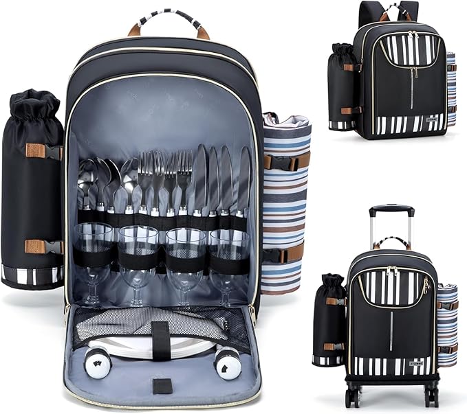 Trolley Picnic Backpack for 4 Person - Blanket & Tableware Set, Detachable Wine Pouch - Ideal for Beach, BBQ, Camping, Trip, Park, Gifts for Friends, Adventures, Patio, Lawn, Garden