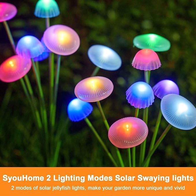 4 Pack Solar Garden Lights, 32 LEDs Swaying Mushroom Lights with 8 Lighting Modes, IP65 Waterproof Outdoor Decor for Garden, Yard, Patio, Pathway (Multicolor)