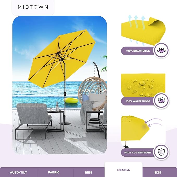 Midtown Umbrellas - 10-Year-No-Fade 10 Ft Patio Umbrella with Terylast Fabric, Auto-Tilt Aluminum Frame and 8 Reinforced Ribs for Deck, Pool, Garden & Beach - Sunflower Yellow Canopy, Black Pole