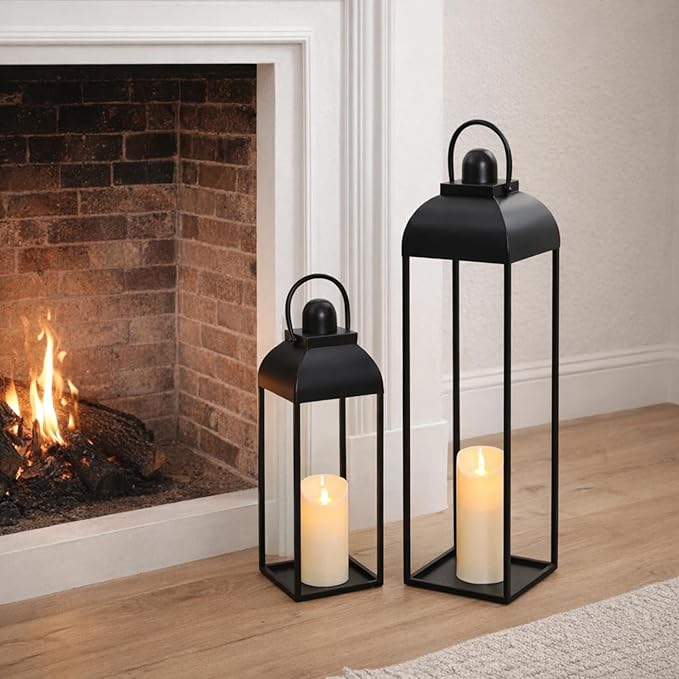 25'' 19'' Lanterns Decorative Outdoor Indoor, Black Metal Outdoor Candle Lanterns, Set of 2 Modern Farmhouse Decorative Lantern for Fireplace, Patio, Porch, Floor, Christmas Lantern (No Glass)