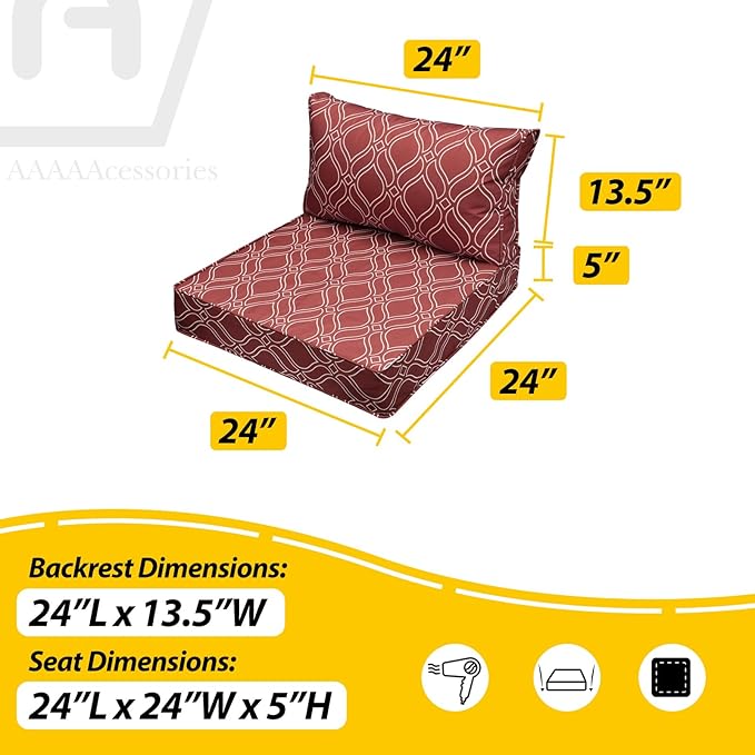 AAAAAcessories Outdoor Seat Cushions for Chairs, Fade-Resistant, Waterproof Patio Furniture Replacement Cushions, 24" x 24" x 5" + 24" x 13.5", Set of 4, Clay Red Vine Trellis