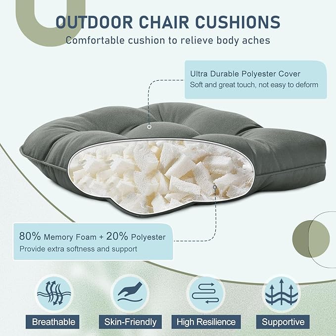 downluxe Outdoor Chair Cushions Set of 4 for Patio Furniture, Waterproof Tufted Overstuffed Patio Furniture Cushions, Thick Outdoor Seat Cushion, 19" X 19" X 5", Dark Grey