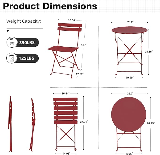 3 Piece Bistro Set, Folding Patio Furniture Set, Outdoor Table and Chairs Set for Patio, Garden, Balcony and Poolside, Red
