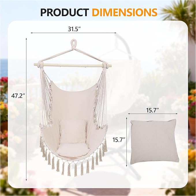 ONCLOUD Hammock Chair Hanging Rope Swing, Load Capacity Up to 550 LBS Macrame Hammock Swing Seat with Two Cushions, Hammock Seats with Portable Steel Spreader Bar for Indoor/Outdoor, Beige