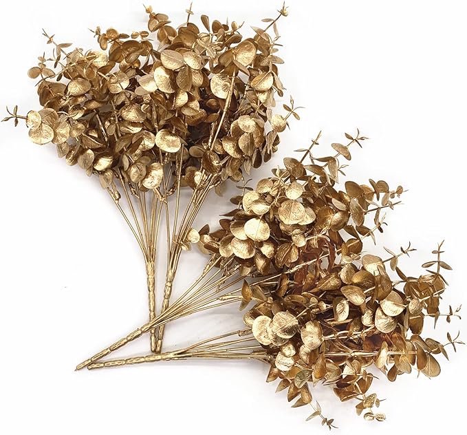 CATTREE Artificial Golden Eucalyptus Decorations, Fake Gold Plants Shrubs Faux Simulation Foliage for Wedding Party Indoor Hotel Hall Table Centerpieces Christmas DIY Decor Planting Filler - 4 Pack