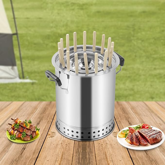 Smokeless Barbecue Stainless Steel Surround Charcoal Barrel Grill, Portable Kebab Charcoal Grill w/30 Skewers & Grilling Accessories Set for Picnics Camping Traveling Parties Beaches Gardens, 10.2"