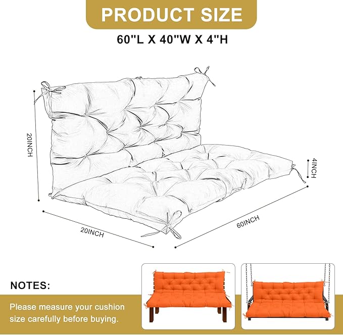 60" Porch Swing Cushion with Backrest, Waterproof Outdoor Bench Swing Cushions 3 Seater Replacement Thickened Swing Cushions with Ties for Patio Garden Backyard,Orange,60x40in