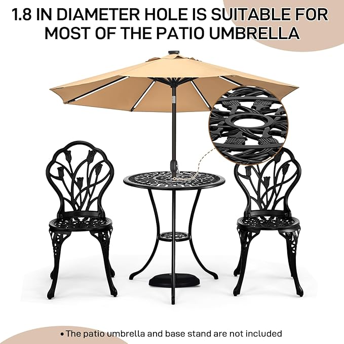 Outvita Patio Table and Chairs Set, Cast Aluminum Outdoor Cafe Table and Chairs Set of 3, Stability Patio Bistro Sets with Umbrella Hole for Garden, Patio, Balcony, Tulip Pattern Black