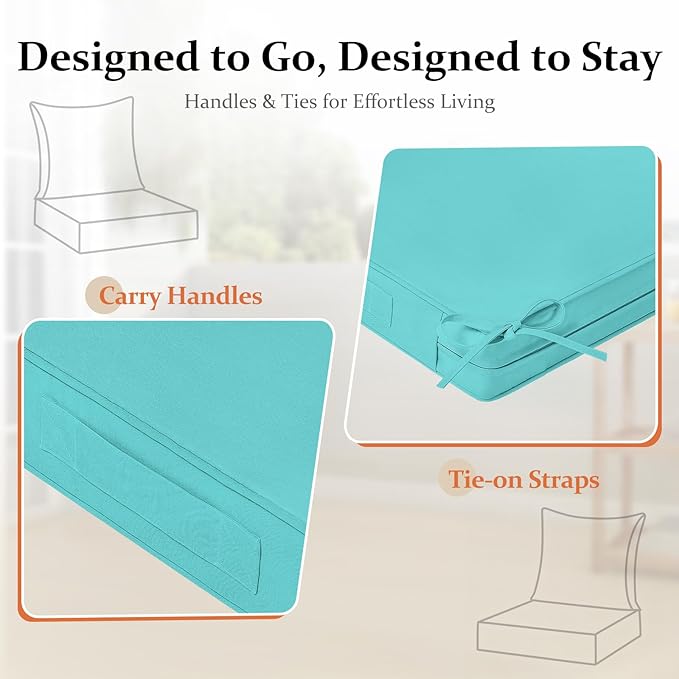downluxe 24x24 Outdoor Chair Cushions, Waterproof Fade Resistant Patio Furniture Cushions with Handle & Removable Cover, Deep Seat Outdoor Cushions for Sofa, Couch and Patio Chairs, Teal