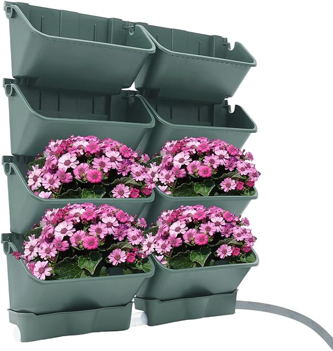 Vertical Wall Planter for Indoor Plant-Walls Mounted Pot with 2 Drainage Tray 8 Pack, 13 inch Dark Green for Decor, Plastic Pots Balcony Planters, Plants Hanging (8, Army Green)
