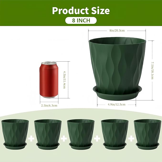 Plant Pots 8 Inch, 6 Pack Plastic Flower Pots for Indoor & Outdoor Plants, Planters with Drainage Holes and Saucer, Garden Pot for Plants (Deep Green)