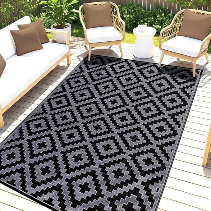 Utopia Home Waterproof Outdoor Rug for Patio 6 x 9 ft, Reversible Plastic Straw Mat for Camping, Picnics, Balcony, Patio, Diamond - Black & Grey