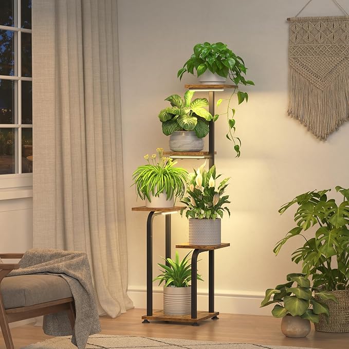 iDavosic.ly Tall Plant Stand Indoor with Grow Light, 4 Tier Corner Multiple Flower Holder Shelf with Wooden Trays, Space Saving Display Rack for Living Room Balcony Patio Porch | Black & Brown