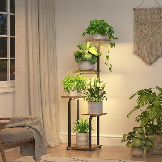 iDavosic.ly Tall Plant Stand Indoor with Grow Light, 4 Tier Corner Multiple Flower Holder Shelf with Wooden Trays, Space Saving Display Rack for Living Room Balcony Patio Porch | Black & Brown