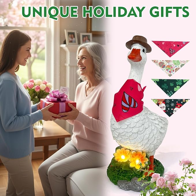 Porch Goose Garden Statue with Solar Glowing Flower, 10" Solar Duck Decorative Figurine for Outdoor, Valentine St.Patrick Easter Christmas Seasonal Scarves for Patio Yard Decor - Unique Gift for Women