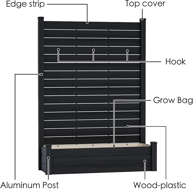 Kozyard Privacy Screen with Planter, 70" H x 51" W Outdoor Garden Screen, Waterproof Aluminum Frame with Thick Wood-Plastic Boards, Decorative Privacy Screen for Patio, Balcony & Backyard Gray