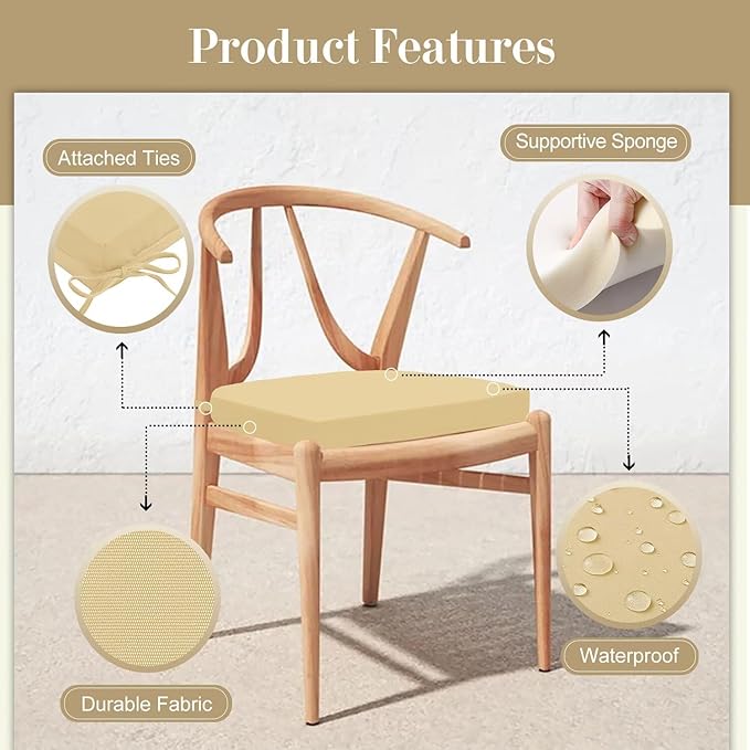 Cozyide Outdoor Chair Cushions, Waterproof Patio Seat Cushions with Adjustable Straps, Round Corner Patio Chair Cushions for Garden, Khaki, 17x16x2 Inch (Pack of 2)
