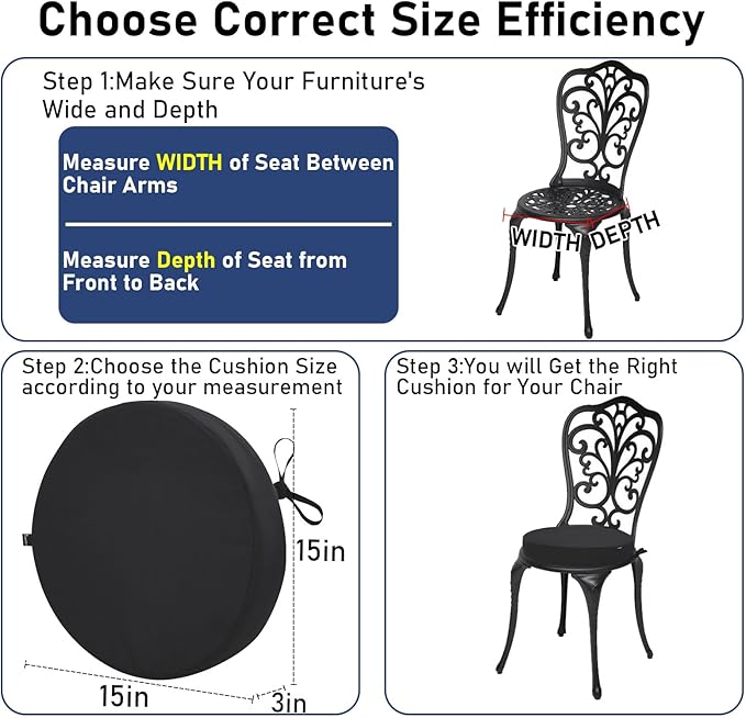Topotdor Outdoor Bistro Chair Cushions Set of 2, 15"x15"x3" Waterproof Patio Chair Cushions for Outdoor Furniture, Round Outdoor Seat Cushions Color Fastness Chair Pads with Ties, Black