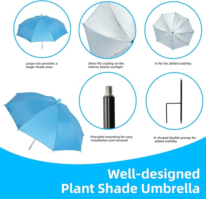 Plant Umbrellas for Outdoor Plants, Garden Umbrella Shade for Potted Plants, Sun Shade Cover for Garden Bed, Upgraded Small Plant Umbrella 21'' Diameter Adjustable Height 1 Pack Blue