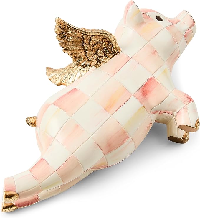 MACKENZIE-CHILDS Pot Climber, Decorative Indoor and Outdoor Planter Hanging Decor, Pink-and-White Rosy Check Flying Pig