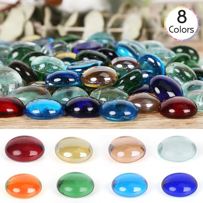 FUTUREPLUSX 1LB Multicolored Flat Glass Marbles, Mixed Glass Beads Vase Filler Mancala Stones Table Scatter Home Decor