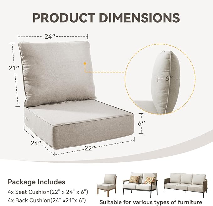 Outdoor Cushion Set for Furniture Patio Furniture, UV Resistant, Water Resistant - 6 Inch Thick Foam Garden Cushions– 22x24 Inch Patio Seat Covers for Chair/Sofa/Couch | Beige | 4-Pack |