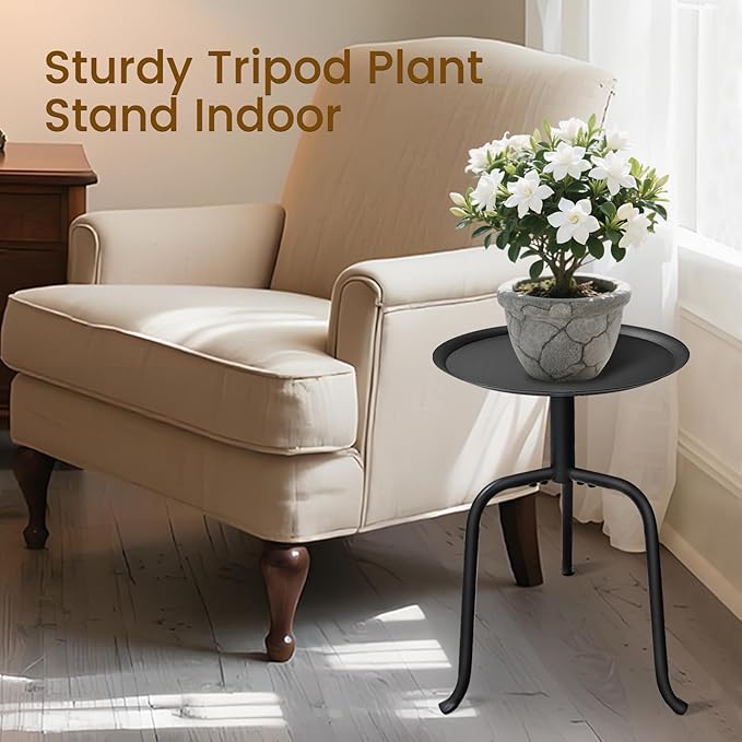 Plant Stand Indoor Outdoor, 11'' Round Black Mid Century Single Plant Table, 3-Leg Small Metal Plant Holders Flower Pot Stand, Modern Round Small Side End Table with Raised Design