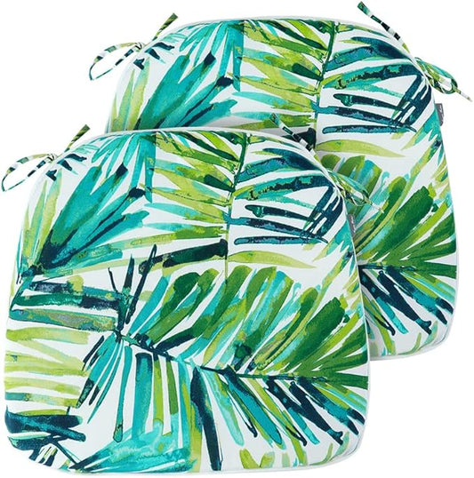 Magpie Fabrics 17"x16"x2" U-Shape Chair Cushions with Ties 2 Count, Outdoor Indoor Waterproof All Weather Seat Pads Decoration for Patio Garden Dining Office - Green Palm Leaves