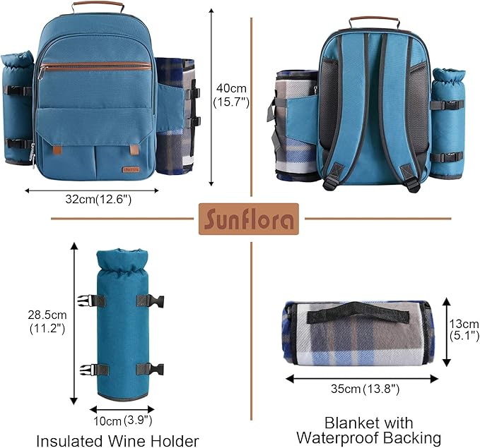 Sunflora Picnic Backpack for 4 Person Set Pack with Insulated Waterproof Pouch for Family Outdoor Camping(Light Blue)