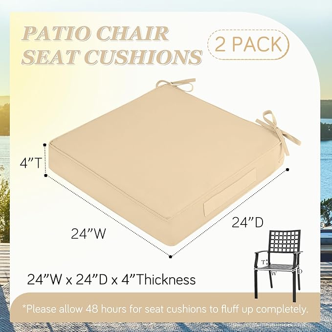Waterproof Outdoor Chair Cushions Set of 2, Square Outdoor Seat Cushions with Ties and Removable Covers, 24 x 24 Outdoor Cushions for Patio Furniture with Portable Handle(Beige)