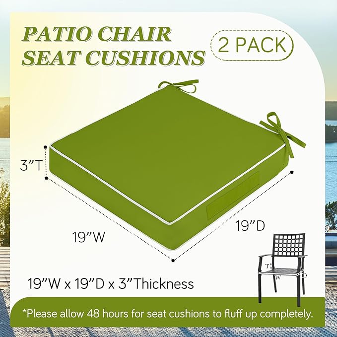 Waterproof Outdoor Chair Cushions Set of 2, Square Outdoor Seat Cushions with Ties and Removable Covers, 19 x 19 Outdoor Cushions for Patio Furniture with Portable Handle(Grass Green/White)