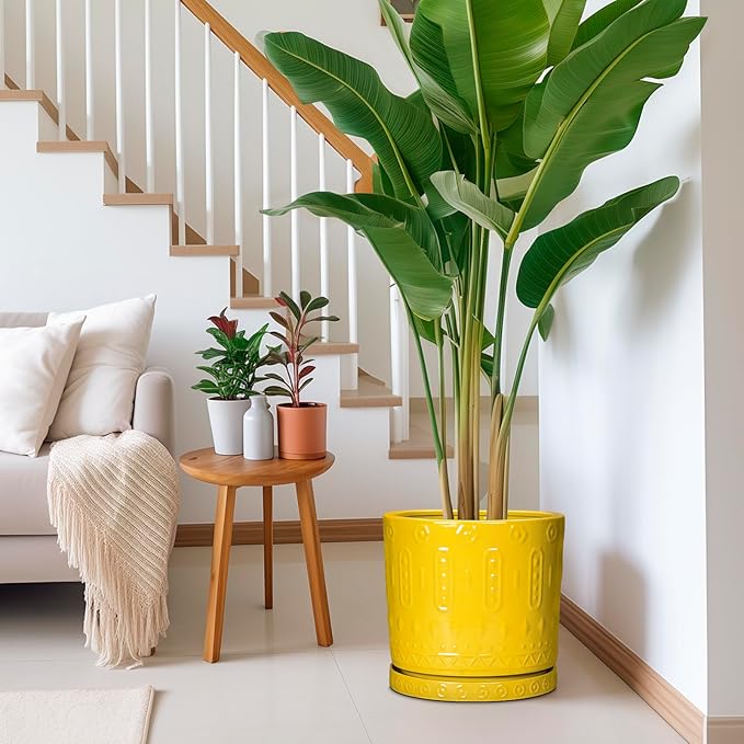 Ceramic Flower Pots, 12 Inch Plant Pot with Drainage Holes and Saucers, Round Pots for Plants for Indoor Outdoor, Boho Decorative Planter, Garden House Decor, Gifts for Women, Yellow