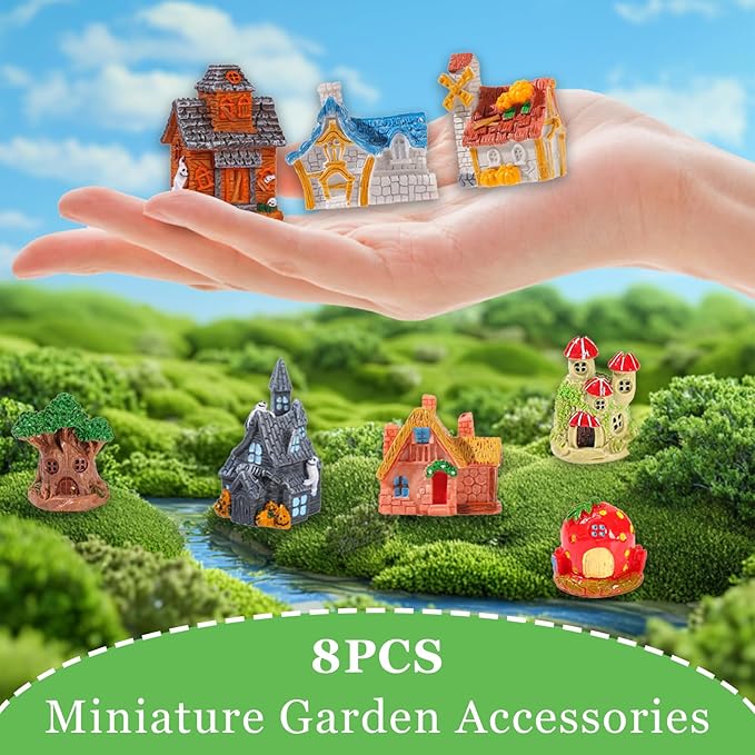 8 Piece Miniature Fairy Garden House,Mini Cottage House,Fairy Accessories for DIY Micro Landscapes, Miniature Figurines for Plant Pots, Mini Outdoor Decor, Terrarium & Home Display