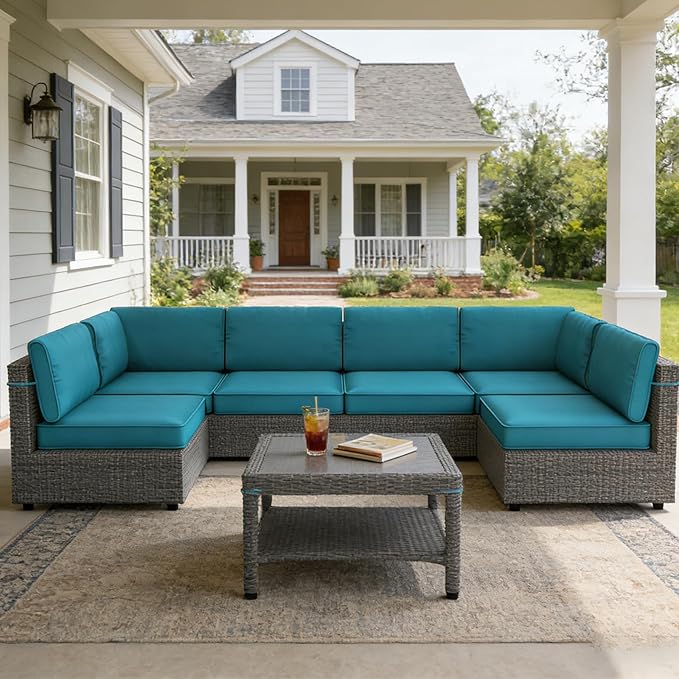 14 Pcs Outdoor Replacement Cushions for Patio Furniture, All Weather Water Resistant Cushion for 6 Seat Rattan Wicker Sectional Patio Conversation Sets and Couch (Turquoise)