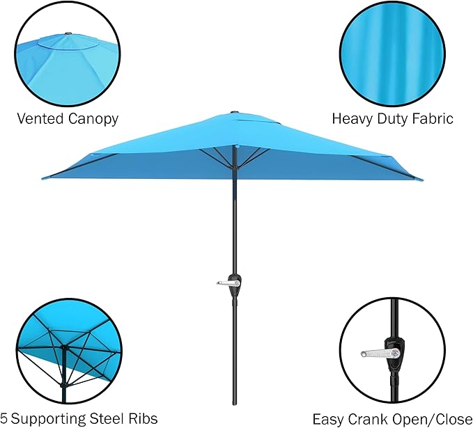 9-Ft Half Patio Umbrella Easy Crank Semicircle Balcony Shade with 20lb Weighted Base for Deck, Porch, or Against a Wall by Pure Garden (Bright Blue)