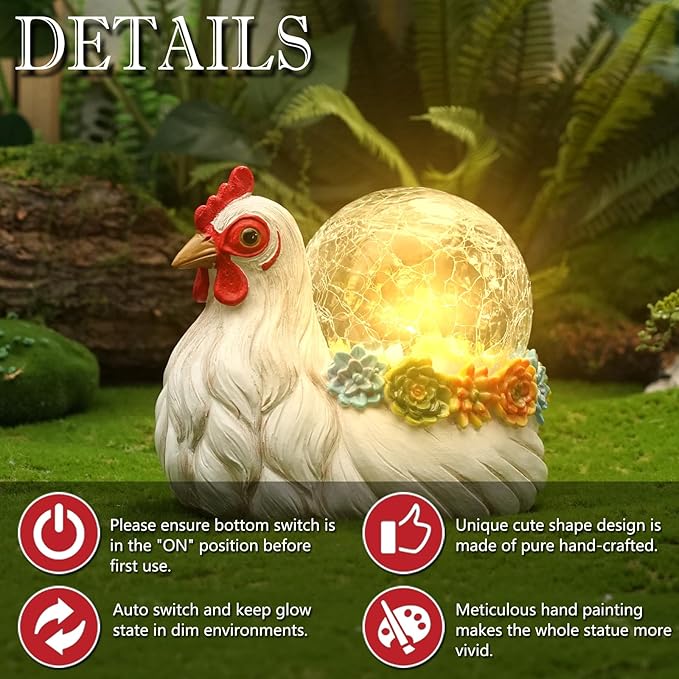 Solar Hen Garden Statue Lights for Outdoor Decor with Cracked Glass LED Ball Figurine Lighting Resin Succulent White Chicken Decorations for Patio Lawn Yard Valentine Gifts for Mom Wowen