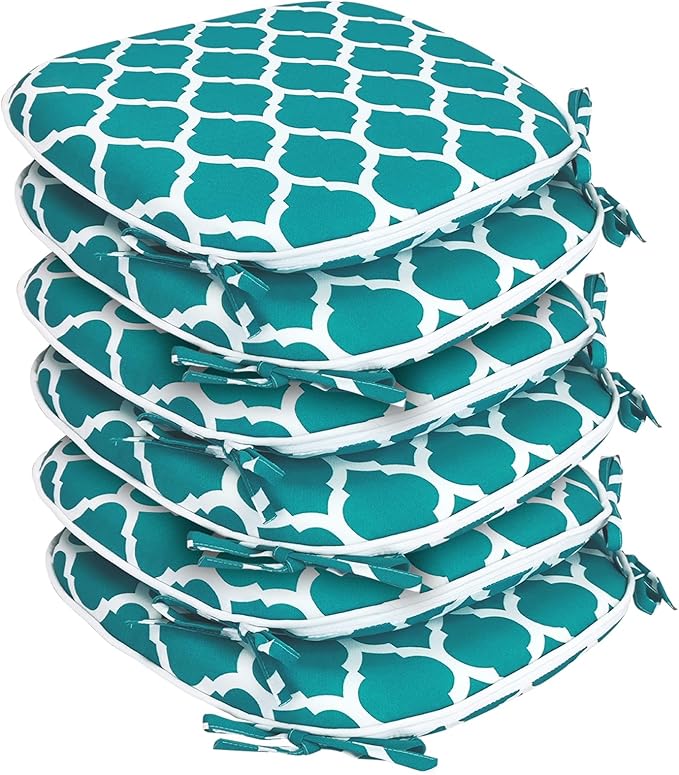 SleepMan Outdoor 17"x16" Chair Cushions with Ties Set of 6, Water Resistant All Weather U-Shape Seat Pads for Patio Garden Furniture Indoor Fade Resistant Patio Cushions (Aqua Plaid)