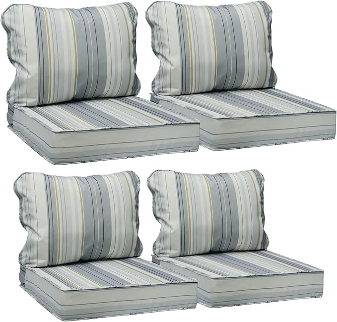 AAAAAcessories Outdoor Seat Cushions for Chairs, Fade-Resistant, Waterproof Patio Furniture Replacement Cushions, 25.5" x 25.5" x 5" + 25.5" x 19", Set of 4, Ash Blue Harbor Stripe