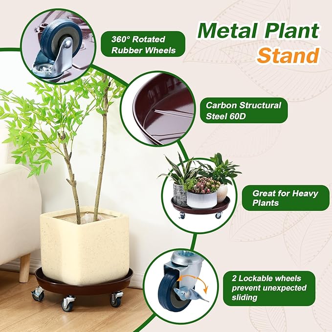 3 Packs 20 inches Metal Plant Caddy with Wheels Extra-Large Rolling Plant Stand Heavy-Duty Iron Plant Dolly Casters for Indoor Outdoor Flower Pot Mover Roller Coasters, Dark Coffee