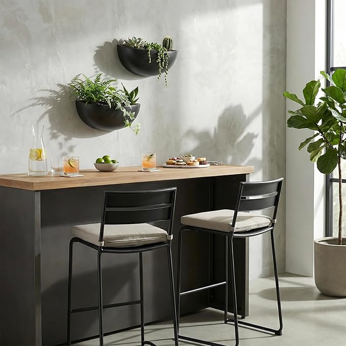 MyGift Matte Black Ceramic Indoor Wall Planter, 12 Inch Semi Circle Hanging Wall Vase, Set of 2