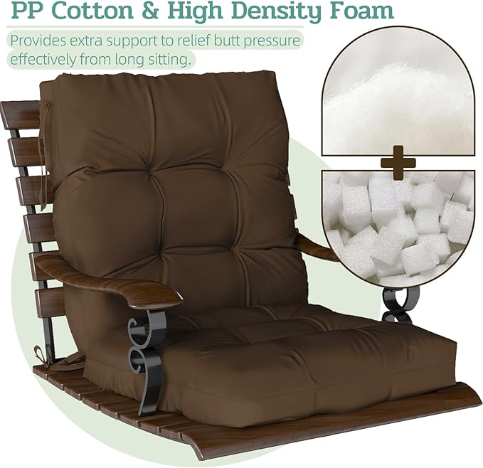 Outdoor Chair Cushion, 42x21x4 Inch Patio Cushions for Dining/Rocking Chairs, High Back Soft Seat Pad with Ties, Indoor Outside Use, Fade-Resistant & Waterproof, Brown