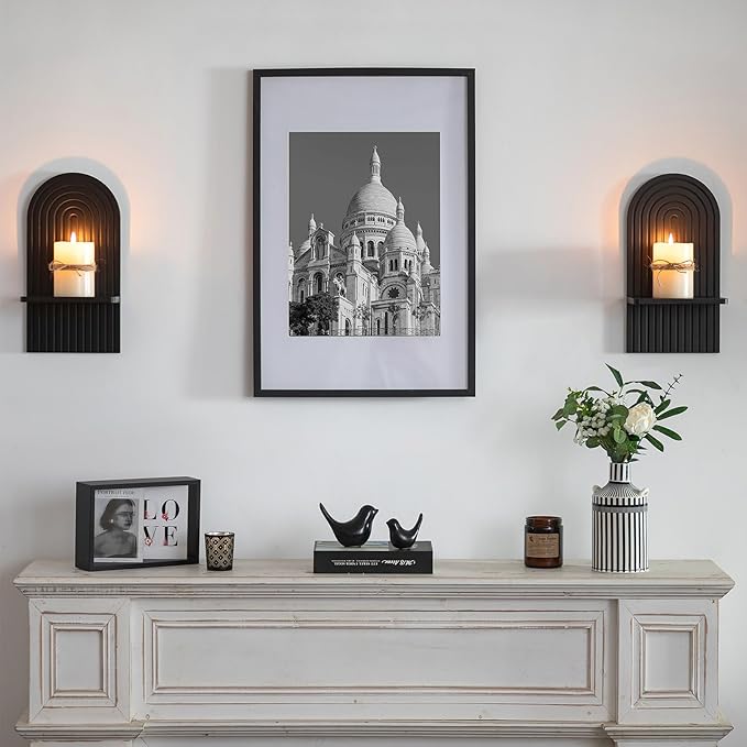 Black Boho Candle Sconces Decor: Set of 2 Wood Mid-Century Wall Candle Holder for Hallway Fireplace Bedroom - Arch Wall Shelf for Plants Pillars Candles