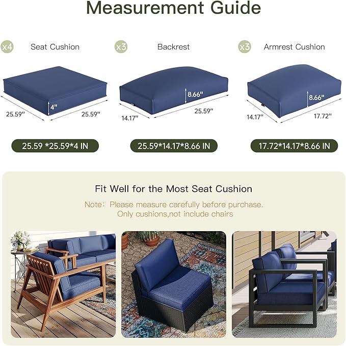 Patio Furniture Replacement Cushions for Outdoor Furniture Set of 4, Patio Sofa Cushions for Outdoor Furniture, 9-Piece Splashproof Fade Resistant Cushions for Outdoor Couch, Navy Blue