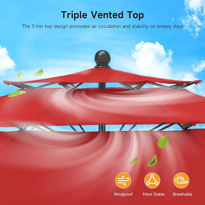 9 FT Outdoor Patio Umbrella, 3 Tier Market Table Umbrella with 8 Sturdy Fiberglass Ribs and 1.5’’ Pole, Smooth Button Tilt Patio Umbrella for Backyard Pool Garden, Red(No Base)