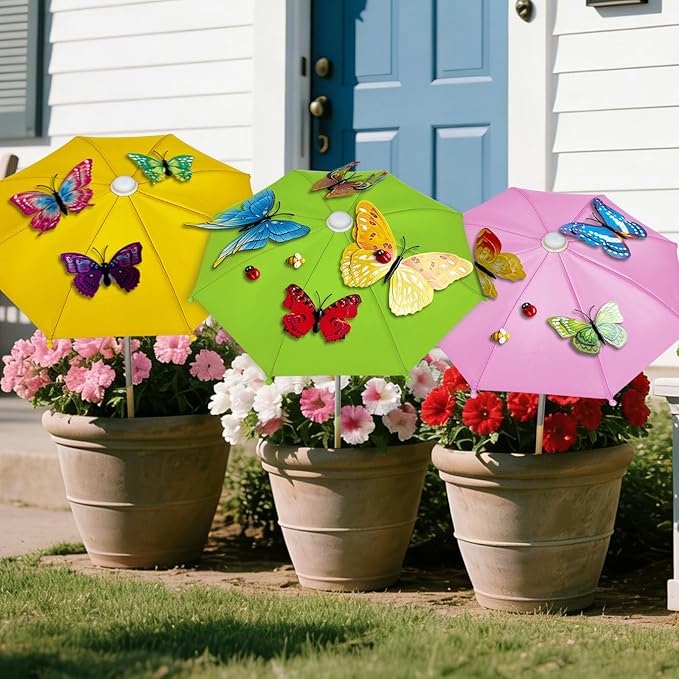 3 pack Plants Umbrellas for Outdoor Plants, Garden Small Umbrellas for Potted Plants & Garden Beds Provide Sun Shade and Rain Protection with 12 Butterflies and 8 Insect Accessories