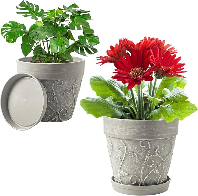 Melphoe Plant Pots Indoor with Drainage & Saucer, 2Pack 7/8 inch Flower Pots Outdoor Planters for Indoor Plants Garden Home Decor Cactus Succulent, Rigid Plastic (Imitation-Terracotta) Vine-Embossed