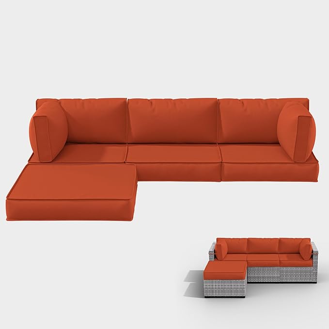 Outdoor Cushions for Patio Furniture with 5 Pillows, Waterproof Patio Furniture Cushions Replacement, 4" Deep Seat Outdoor Sectional Cushions for 4-seat Patio Furniture Chair Sofa Couch,Orange